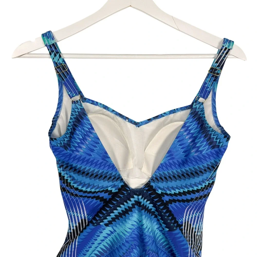 Gottex One Piece Swimsuit 8 Blue Geometric Chevron Sweetheart Padded‎ Designer
